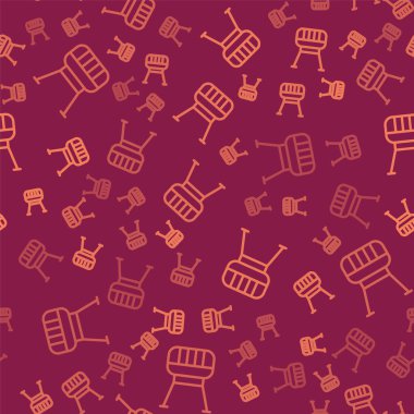 Kahverengi çizgi barbekü ikonu kırmızı arka planda izole edilmiş. Barbekü ızgara partisi. Vektör.