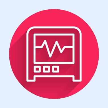Beyaz çizgi sismograf simgesi uzun gölge arkaplanı ile izole edildi. Deprem analog sismografı. Kırmızı daire düğmesi. Vektör.