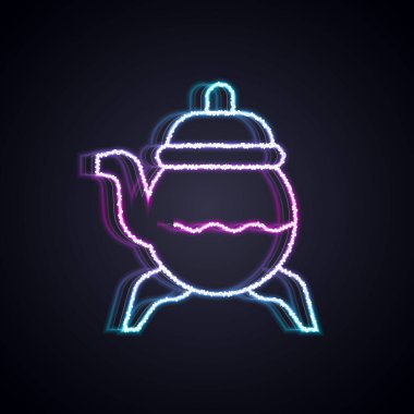 Parlayan neon hattı klasik çaydanlık simgesi siyah arkaplanda izole edildi. Vektör.