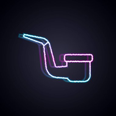 Parlayan neon hattı siyah arka planda izole edilmiş duman simgesi olan sigara piposu. Tütün piposu. Vektör.
