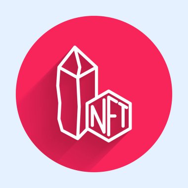 Beyaz çizgi NFT Dijital Şifreleme Sanatı simgesi uzun gölge arkaplanı ile izole edildi. Para iadesi olmayan jeton. Kırmızı daire düğmesi. Vektör.