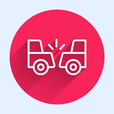 Beyaz çizgi araba kazası ikonu uzun gölge arkaplan izole. İki arabanın karıştığı bir araba kazası. Kırmızı daire düğmesi. Vektör.