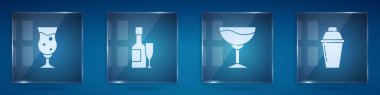 Bir bardak bira, şampanya şişesi ve bardak, şarap ve kokteyl karıştırıcı. Kare cam paneller. Vektör.