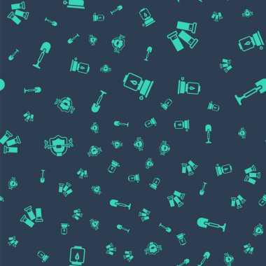 Kamp fenerini, kartuşları, geyik boynuzlarını kalkanlara, küreği de dikişsiz desenlere ayarlayın. Vektör.