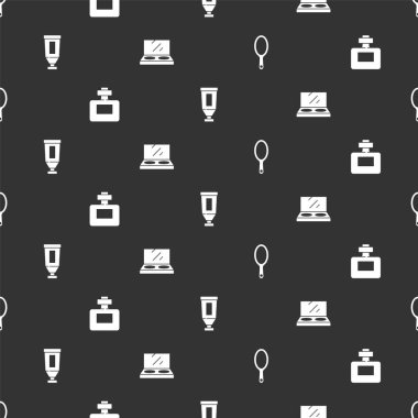 El aynası, parfüm, krem losyon kozmetik tüpü ve makyaj tozunu kusursuz desenli ayarla. Vektör.