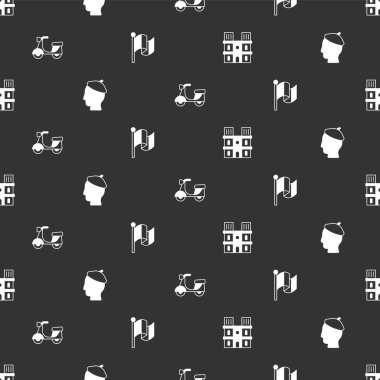 Notre Dame de Paris Fransız Scooter ve Flag France 'ı kusursuz bir düzene sokun. Vektör.