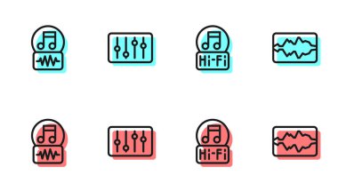 Satır notası, ton, ses karıştırıcı denetleyici ve dalga eşitleyici simgesi ayarla. Vektör.