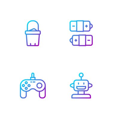Robot oyuncak Gamepad Kum Kova ve Batarya hattı kurun. Renk simgeleri. Vektör.