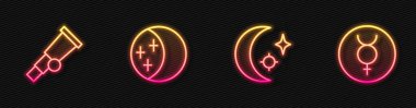 Güneş tutulması ve Sembol Merkür 'de Ay ve yıldızlar çizgisi oluşturun. Parlayan neon ikonu. Vektör.