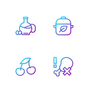 Hattı ayarla. Tavuk budu yok. Taze böğürtlen, bir şişe zeytinyağı ve vegan besin diyeti. Renk simgeleri. Vektör.