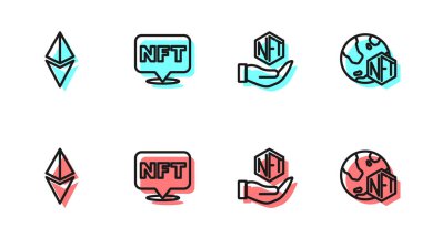 NFT dijital şifreleme sanatı Ethereum ETH ve simgesini ayarla. Vektör.