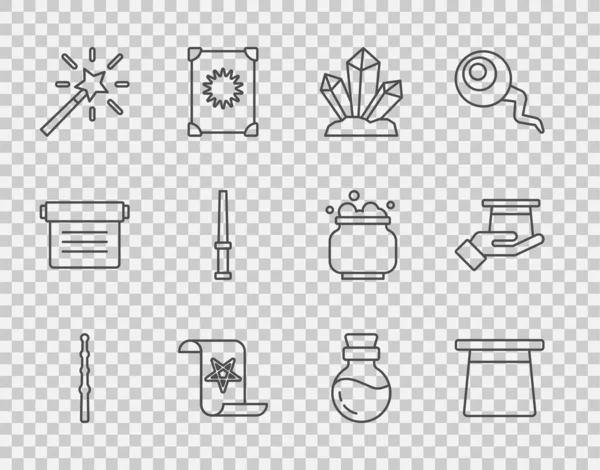 设置线形魔法魔杖石古代魔法书籍壶与药水和魔术师在手中的图标 — 图库矢量图片
