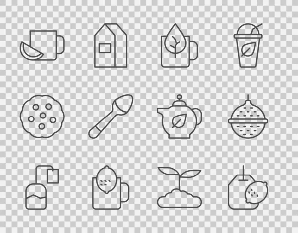 设置系列茶袋与柠檬杯茶叶茶匙和球过滤图标 — 图库矢量图片