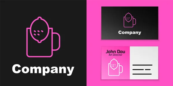 Pink Line Cup Tea Lemon Icon Isolated Black Background Logo — Stockvector