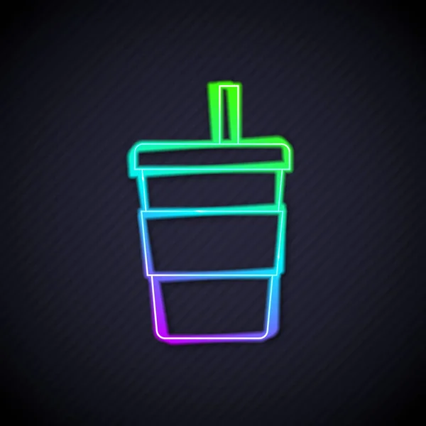 Gloeiende Neon Lijn Papier Glas Met Drinkstro Water Pictogram Geïsoleerd — Stockvector