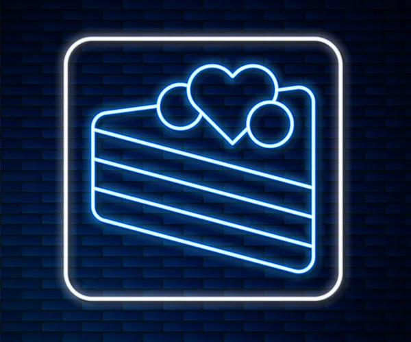 Glowing Neon Line Wedding Cake Heart Icon Isolated Brick Wall — Stok Vektör