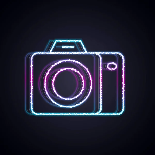 ネオンラインの輝き黒い背景に隔離された写真カメラのアイコン フォトカメラ デジタル写真 ベクトル — ストックベクタ