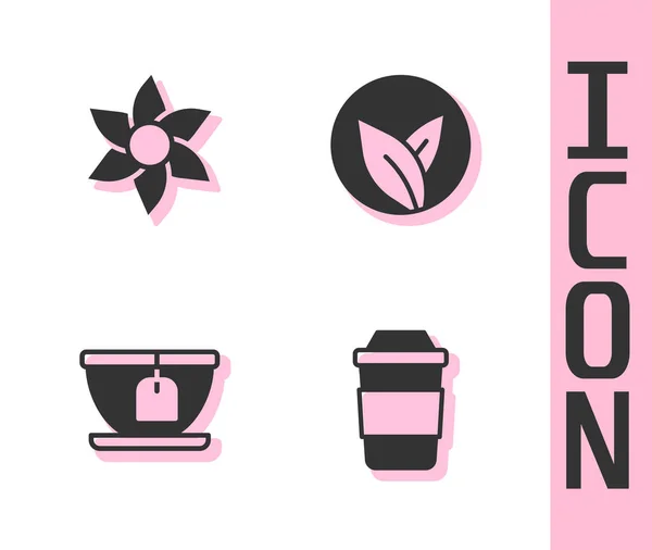 Set Cup Tea Flower Bag Tea Leaf Icon Vector — Stock Vector