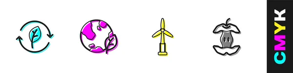 设置循环的标志与叶子地球 风力涡轮机和苹果的核心图标 — 图库矢量图片