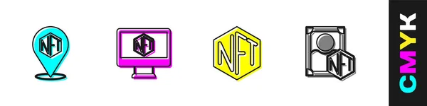 Establecer Nft Digital Crypto Art Monitor Con Aplicación Tienda Icono — Archivo Imágenes Vectoriales