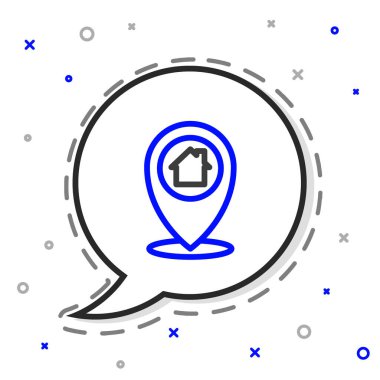 Beyaz arkaplanda ev simgesi olan çizgi haritası işaretçisi. Ev konumu belirleyici sembol. Renkli taslak konsepti. Vektör.