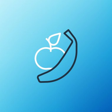 Line Apple ve muz simgesi mavi arkaplanda izole edildi. Fazla kilolu. Sağlıklı diyet menüsü. Fitness diyeti elması. Renkli taslak konsepti. Vektör.