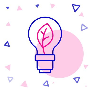 Beyaz arkaplanda yaprak simgesi olan çizgi lambası. Çevre enerjisi kavramı. Alternatif enerji kavramı. Renkli taslak konsepti. Vektör.