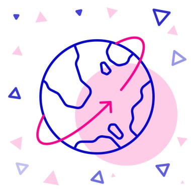 Dünya 'nın yörüngesindeki çizgi yapay uyduları beyaz arka planda izole edilmiş dış uzay ikonunda. İletişim, navigasyon konsepti. Renkli taslak konsepti. Vektör.