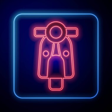 Parlayan neon scooter simgesi siyah arkaplanda izole edildi. Vektör.