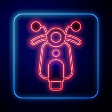 Parlayan neon scooter simgesi siyah arkaplanda izole edildi. Vektör.