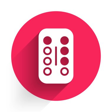 Uzun gölgeli beyaz sakinleştirici ilaç ikonu. Kırmızı daire düğmesi. Vektör.