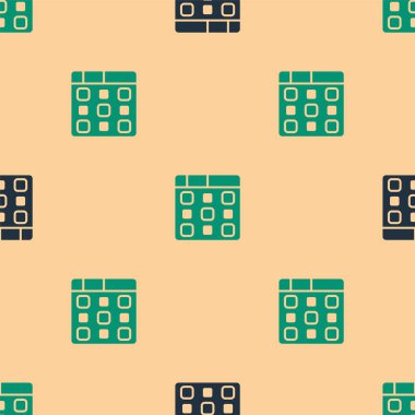 Yeşil ve siyah Drum makinası müzik yapımcısı ikonu bej arka planda kusursuz desen izole etti. Vektör.