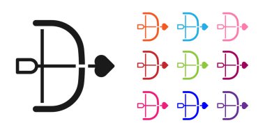 Beyaz arkaplanda siyah yay ve ok simgesi izole edildi. Aşk tanrısı sembolü. Aşk işareti. Sevgililer günün kutlu olsun. Simgeleri renklendirin. Vektör.