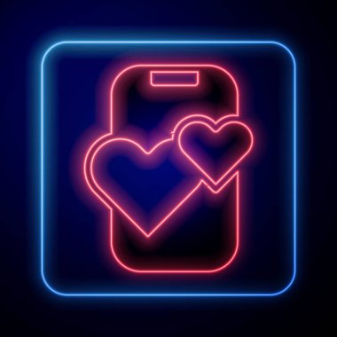 Glowing neon Dating app online mobile concept icon isolated on black background. Female male profile flat design. Couple match for relationship. Vector.