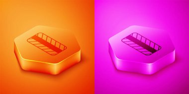 Isometric Car tire wheel icon isolated on orange and pink background. Hexagon button. Vector.