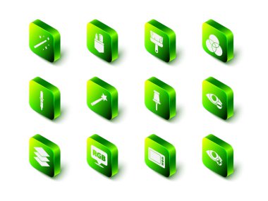 Kırmızı göz efektini karıştıran çapraz cetvel ve kalem fırçası RGB CMYK rengini ayarla. Grafik tableti ve konuşma balonunu simgeyle birlikte it. Vektör.