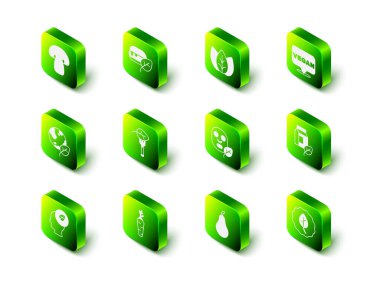 Vejetaryen yemek diyetini ayarlayın. Süt, yüz maskesi, armut ve havuç ikonu bırakın. Vektör.