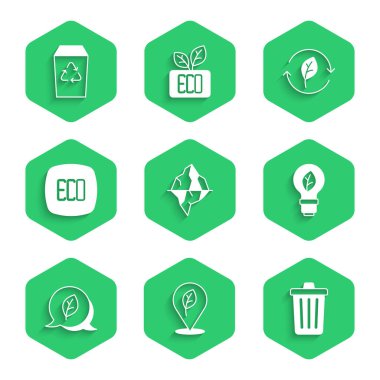 Buzdağı Konumunu Yaprak Çöp Kutusu Ampul Işığı Konsolu Geri Dönüşüm sembolü ve çöp simgesi ile ayarla. Vektör.