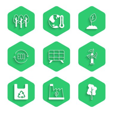 Güneş Enerjisi Paneli Bitkisi Çöp Ağacı Rüzgar türbini geri dönüşümünü geri dönüşüm sembolü ve simgesi ile ayarla. Vektör.