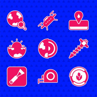 Dünya 'nın çekirdek yapı kabuğu rulet yapı analizini, inşaat matkabı fırça fırçası Petrol sahasını ve dünya ikonlu büyüteçleri hazırlayın. Vektör.