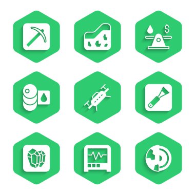 Drone Sismografı Dünya 'nın çekirdek yapı kabuğu fırça taş varil petrol parası ve kazma ikonu. Vektör.