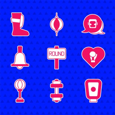 Boks ringi takımı Dumbbell antrenman patileri eldiven kum torbası kaskı ve spor boks ayakkabısı ikonu. Vektör.