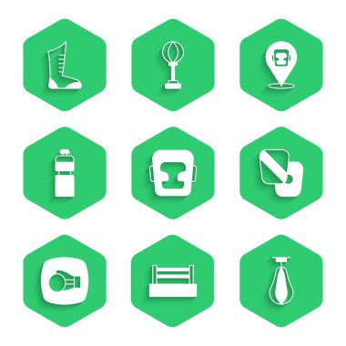 Boks kaskı yüzüğü kum torbası antrenman patileri eldiven jimnastik aleti ve spor ayakkabı ikonu. Vektör.