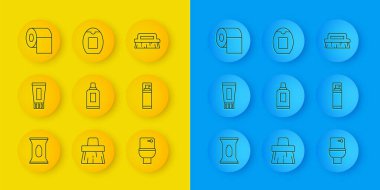 Temizlik malzemesi klozeti temizlemek için ıslak mendil tüpünü hazırla. Jel köpük kağıt rulo fırça ve şampuan ikonu. Vektör.