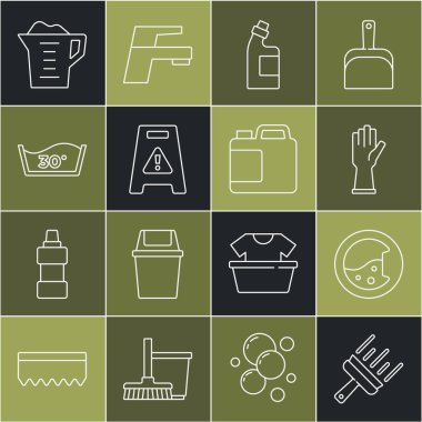 Camları silmek için lastik temizleyiciyi ayarlayın. Eldivenleri yıkayın. Şişe temizleyicisini yıkayın. Vektör.