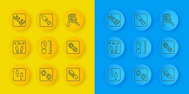 Çizgili insan ayak izleri güvenli uzaklık ölçü alanı ölçüsü martı pençe büyüteç boyutunda ayak izleri ve ikon. Vektör.