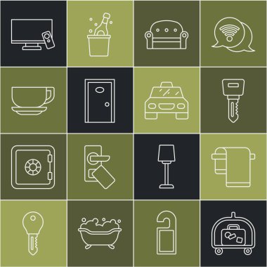 Hat otelinin bagaj arabasının havlusunu askıdaki kapının kilidine, kanepenin anahtarına akıllı televizyona ve taksi ikonuna yerleştir. Vektör.