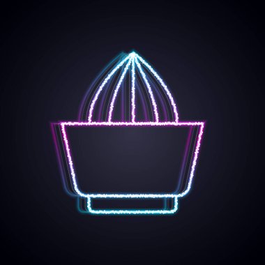 Parlayan neon hattı Citrus meyve sıkacağı ikonu siyah arkaplanda izole edildi. Vektör.