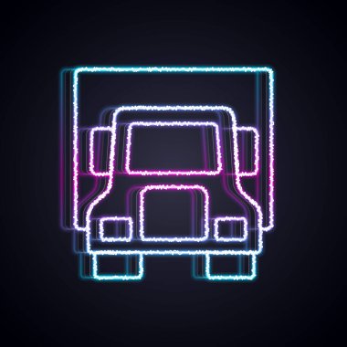 Parlayan neon hattı kargo kamyonu ikonu siyah arka planda izole edildi. Vektör.