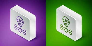 Isometric line Bones and skull as a sign of toxicity warning icon isolated on purple and green background. Silver square button. Vector.